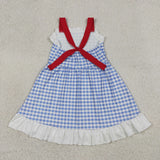 GSD3843   kids girl clothes blue gingham print girl summer dress