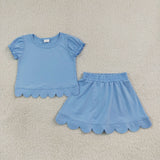 GSD3933 toddler clothes blue print girl summer short skirt set