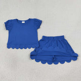 GSD3937  toddler clothes blue print girl summer short skirt set