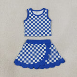 GSD4110   toddler clothes blue gingham print girl summer yoga set