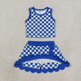 GSD4110   toddler clothes blue gingham print girl summer yoga set