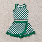 GSD4178    toddler clothes green gingham print girl summer yoga set