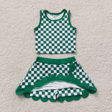 GSD4178    toddler clothes green gingham print girl summer yoga set