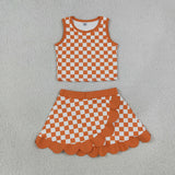 GSD4252   toddler clothes  orange gingham print girl summer yoga set