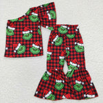 Kids christmas red plaid off shoulder outfit