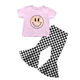 Girl pink smiley top checkered outfit