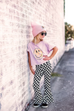 Girl pink smiley top checkered outfit