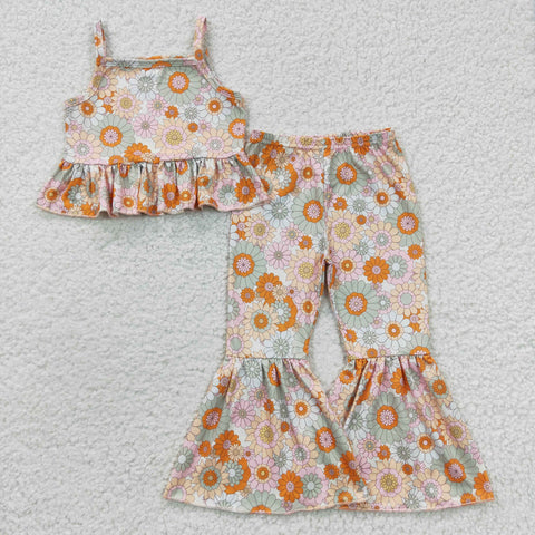 Two pieces floral kids strap top bell bottom outfit