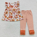 Baby girls fall orange floral striped ruffle triple leggings outfits