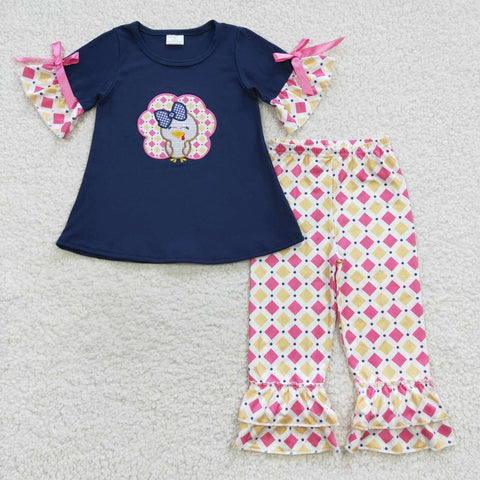 Girl fall turkey embroidery navy top ruffle outfit