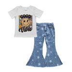 Smile pattern stars blue denim outfit