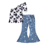 Cow print one shoulder stars jeans girls outfit