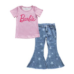 Pink t shirt stars blue denim kids outfit