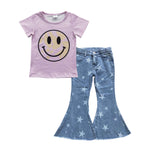 Smile pattern pink t shirt girls stars jeans outfit