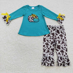 Fall embroidery sunflower pumpkins girl outfit