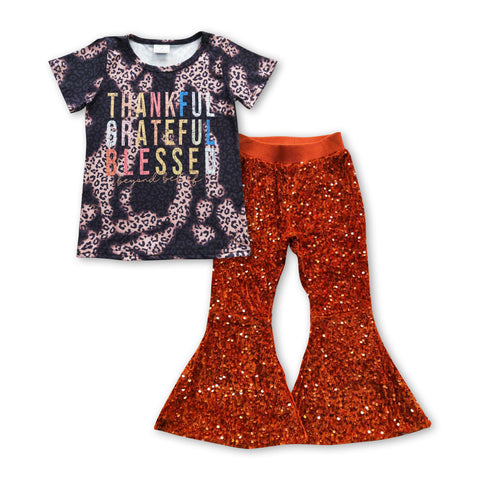 Thankful t shirt girls orange sequined bell bottom outfit