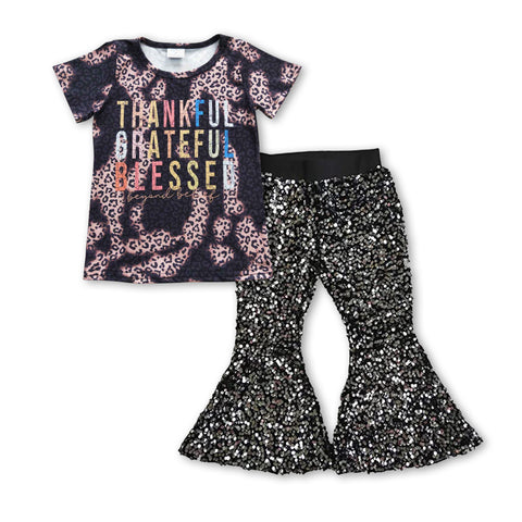 Thankful t shirt girls black sequined pants outfit