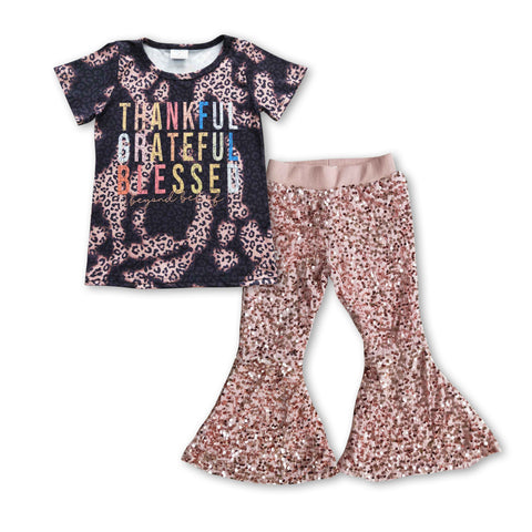 Thankful t shirt girls pink sequined clothing outfit