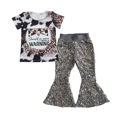 Kids warning leopard grey sequined pants outfit