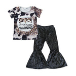 Kids warning t shirt black velvet pants outfit