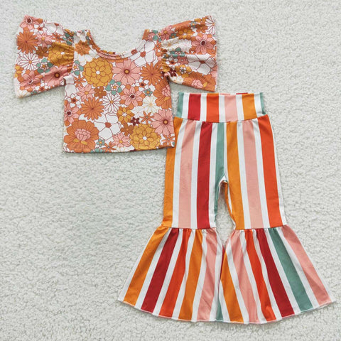 Floral flare top striped bell bottoms outfit for kids