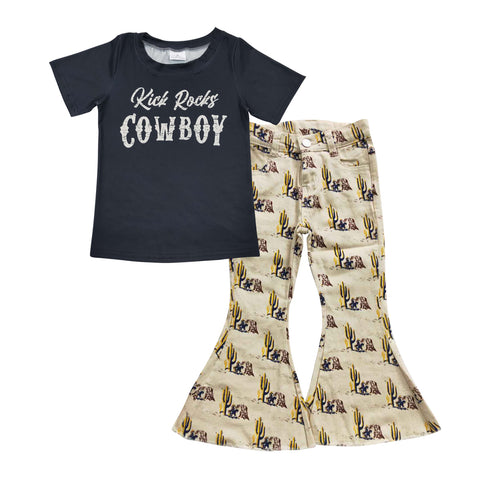 Cowboy black t shirt girls denim cactus outfit