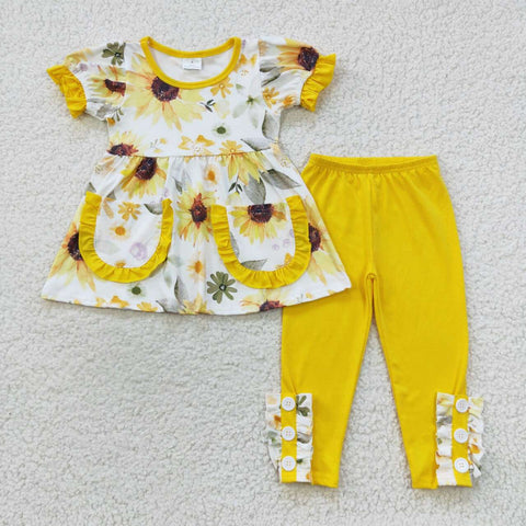 Girl sunflower yellow ruffle pockets outfit