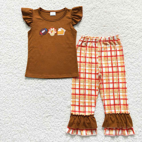 Football turkey pies applique baby girls fall outfit