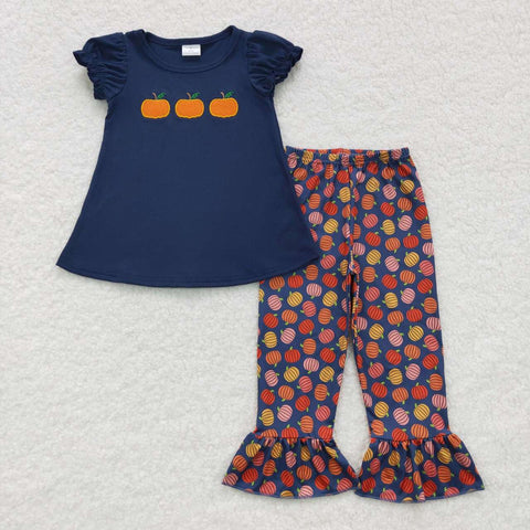 Girl fall pumpkin embroidery navy outfit