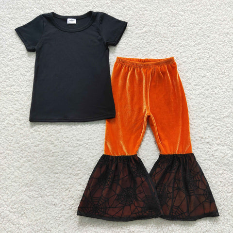 Black t shirt orange velvet flare pants girls halloween outfit