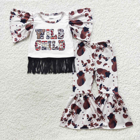 Wild child brown print fringed flare top bell set