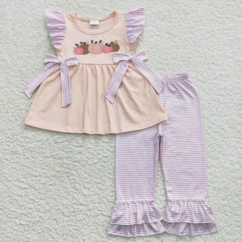 Pumpkins applique toddler girl flutter striped pants outfit