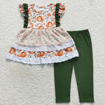 Pumpkin floral flutter top green pants fall toddler kids outfit