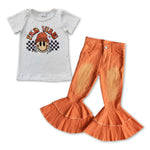 Girl fall vibes orange bell bottom jeans outfit