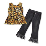 Girl leopard sleeveless top black fringed jeans set