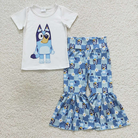 Cartoon blue dogs floral pants outfit for kids