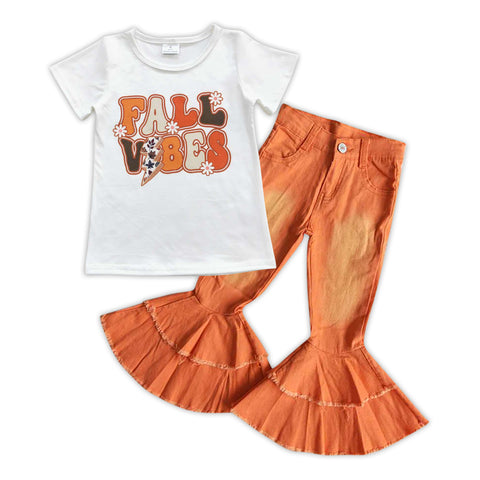 Fall vibes girl flower t shirt orange bell bottom jeans