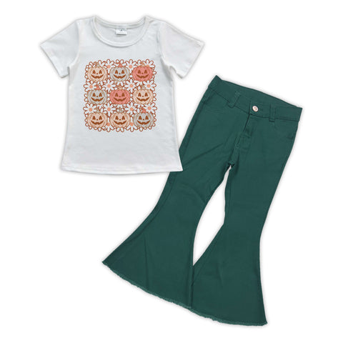 Halloween pumpkin flowers toddler girl green pants outfit