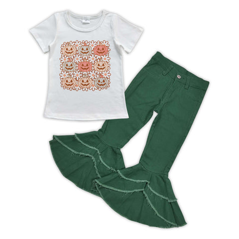 Halloween pumpkin flowers toddler girl green pants outfit