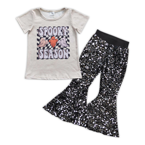 Spooky season ghost halloween girl sequined black pants outfit