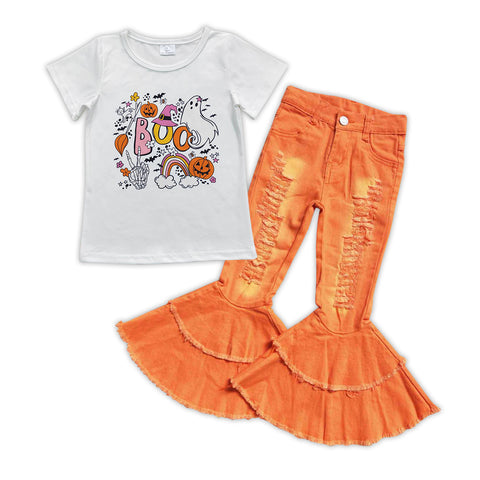 Halloween pumpkin boo top orange ripped jeans outfit