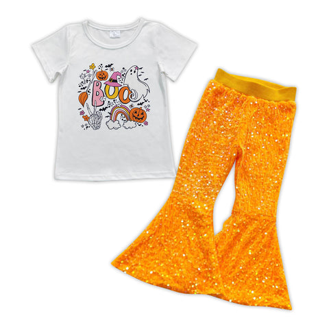 Kids girl boo pumpkin halloween orange sequined outfit