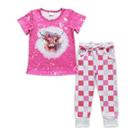 Highland cow pink plaid pants baby outfit