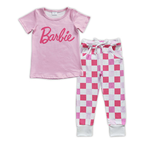 Little girl barbie pink plaid pants outfit