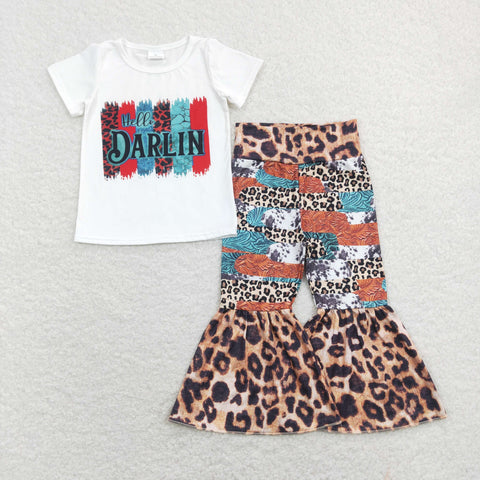 GSPO1160 baby girl clothes hello darling leopard print fall spring toddler bell bottom outfit