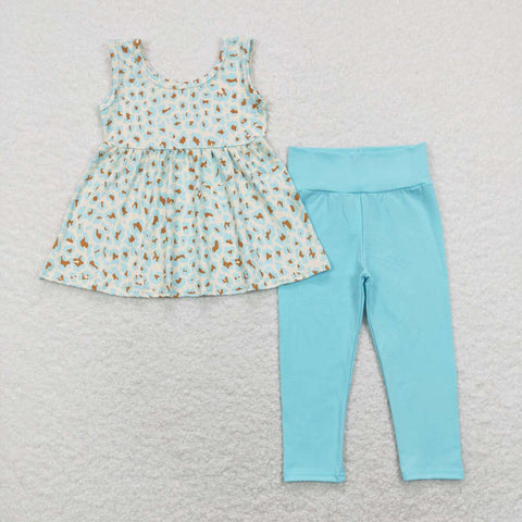 GSPO1177 baby girl clothes blue leopard print sleeveless girl fall outfit toddler spring set summer clothing set