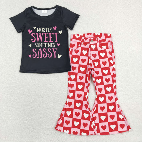 GSPO1364 baby girl clothes sweet sassy girl valentines bell bottoms jeans outfits