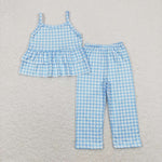 GSPO1378 baby girl clothes blue plaid girls spring summer outfit