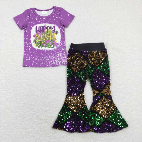 GSPO1384 baby girl clothes sequin bell bottom pant set toddler happy mardi gras outfit baby mardi gras clothes