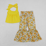 GSPO1430 baby girl clothes yellow floral girl bell bottoms outfit